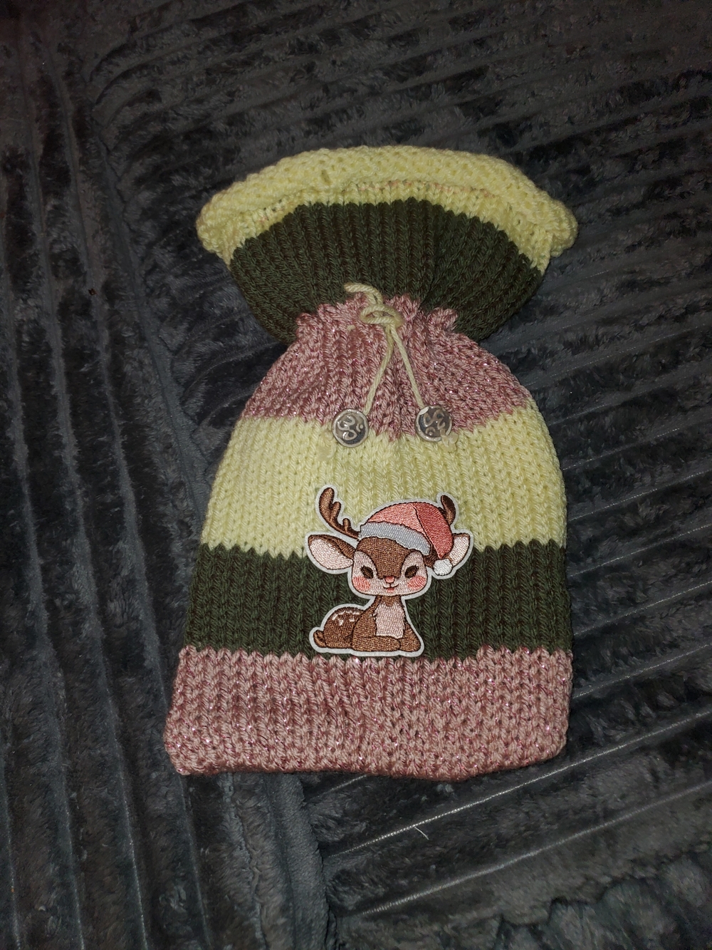 Kids Striped Knit Drawstring Bag with Reindeer Patch - Pink/Yellow/Green